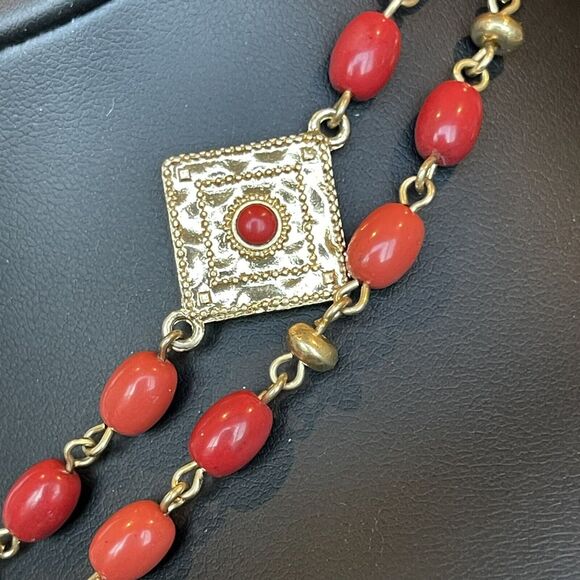 Designer RALPH LAUREN Red/Coral Color Station Bead Medallion Layering Necklace - Picture 5 of 7